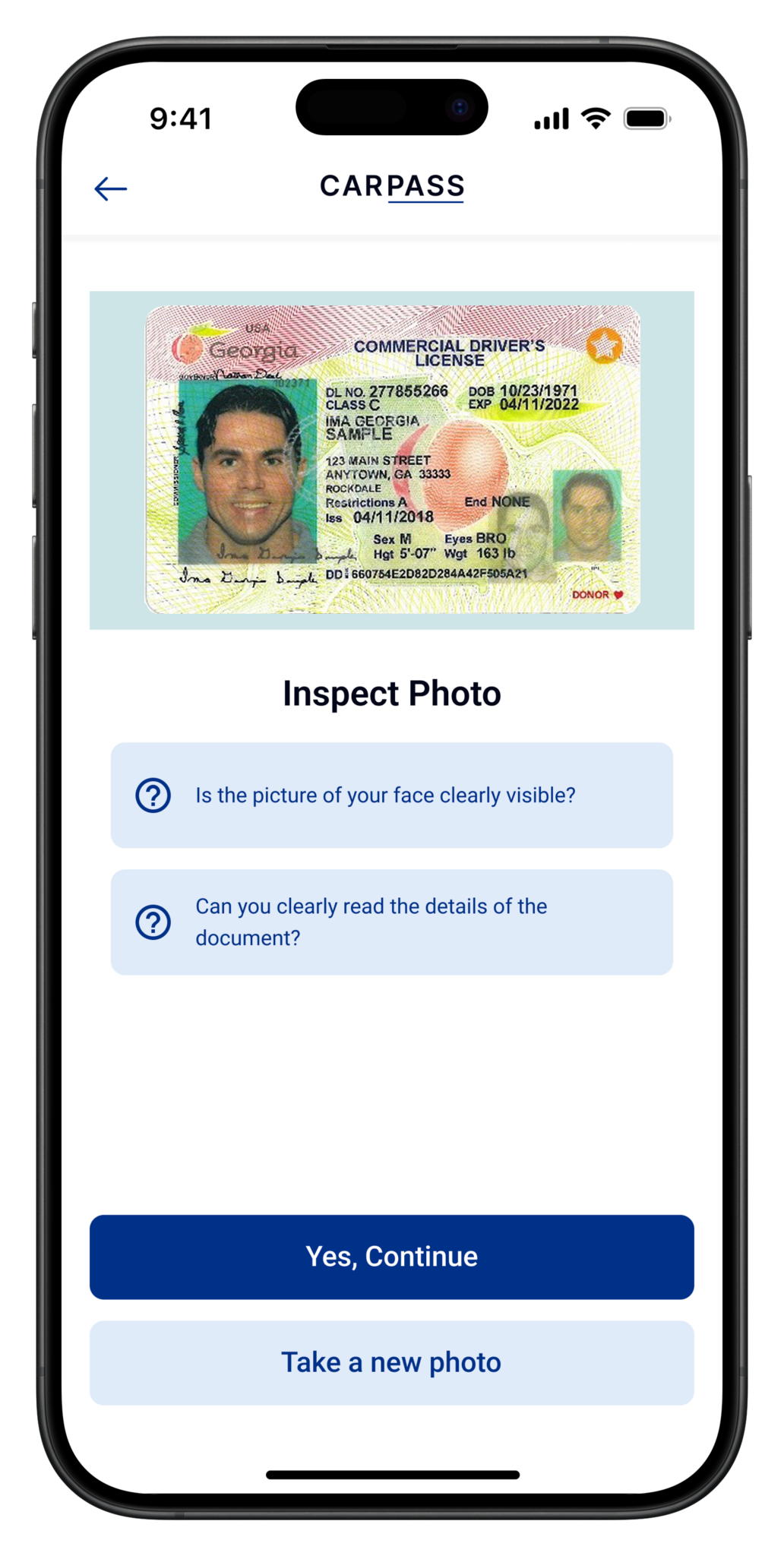 Carpass app screen capturing the driver's government-issued ID.