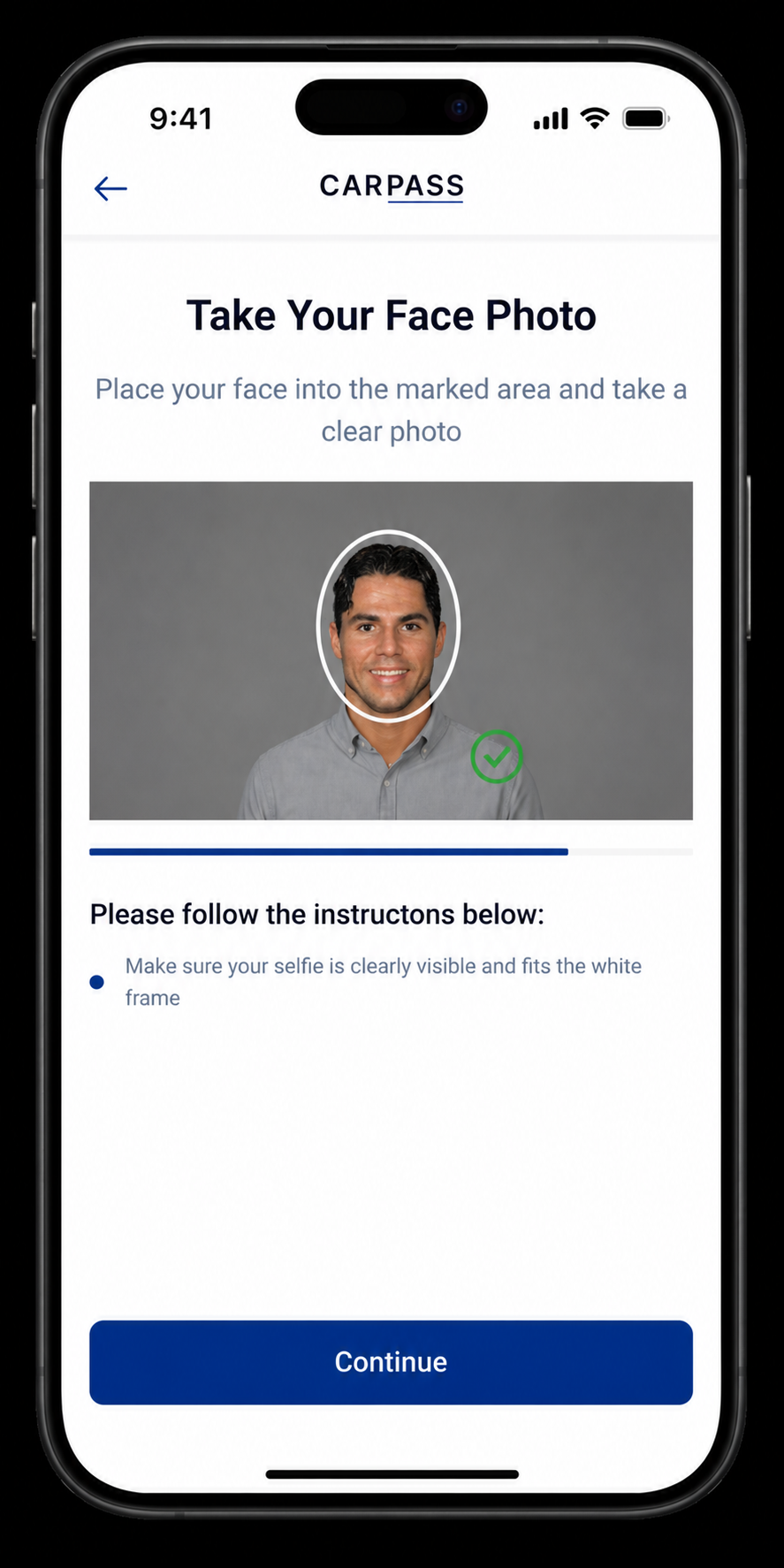 Carpass app screen with the driver taking a live selfie for face match.