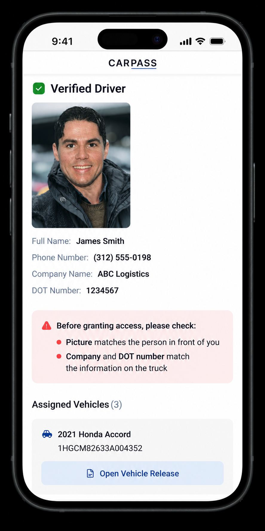 Carpass gate-staff screen with verified driver name, photo, company, DOT, and assigned vehicles.