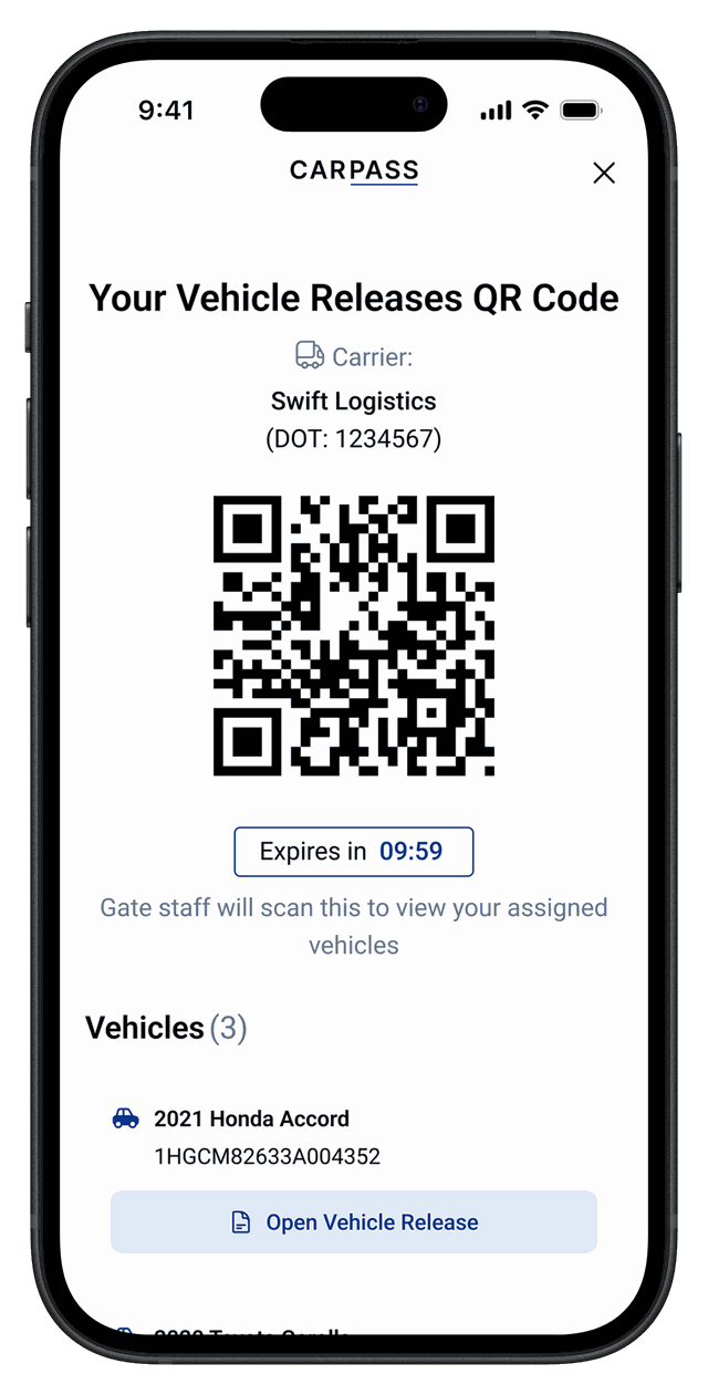 Carpass — time-limited vehicle release QR code