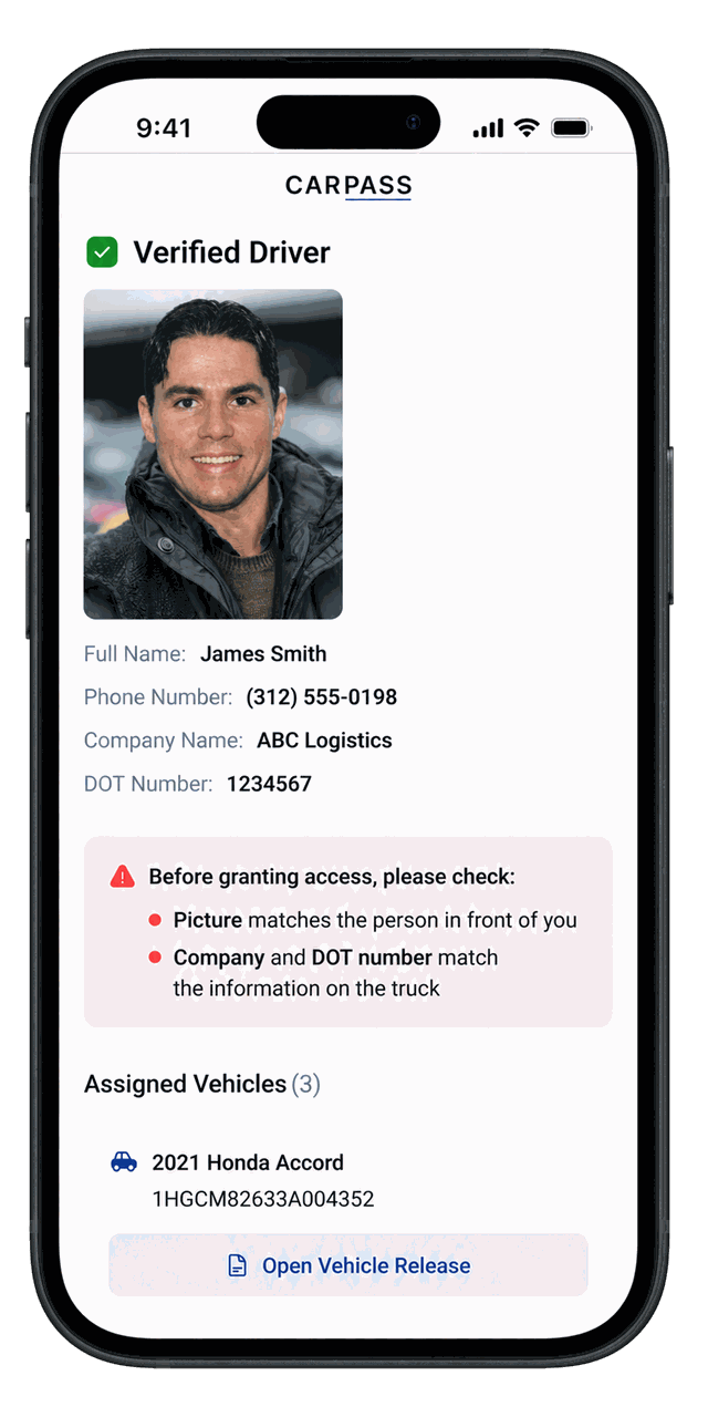Carpass — verified driver record seen by gate staff