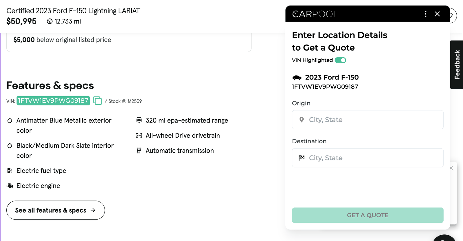 Carpool browser extension detecting a VIN on a vehicle listing and returning an instant quote
