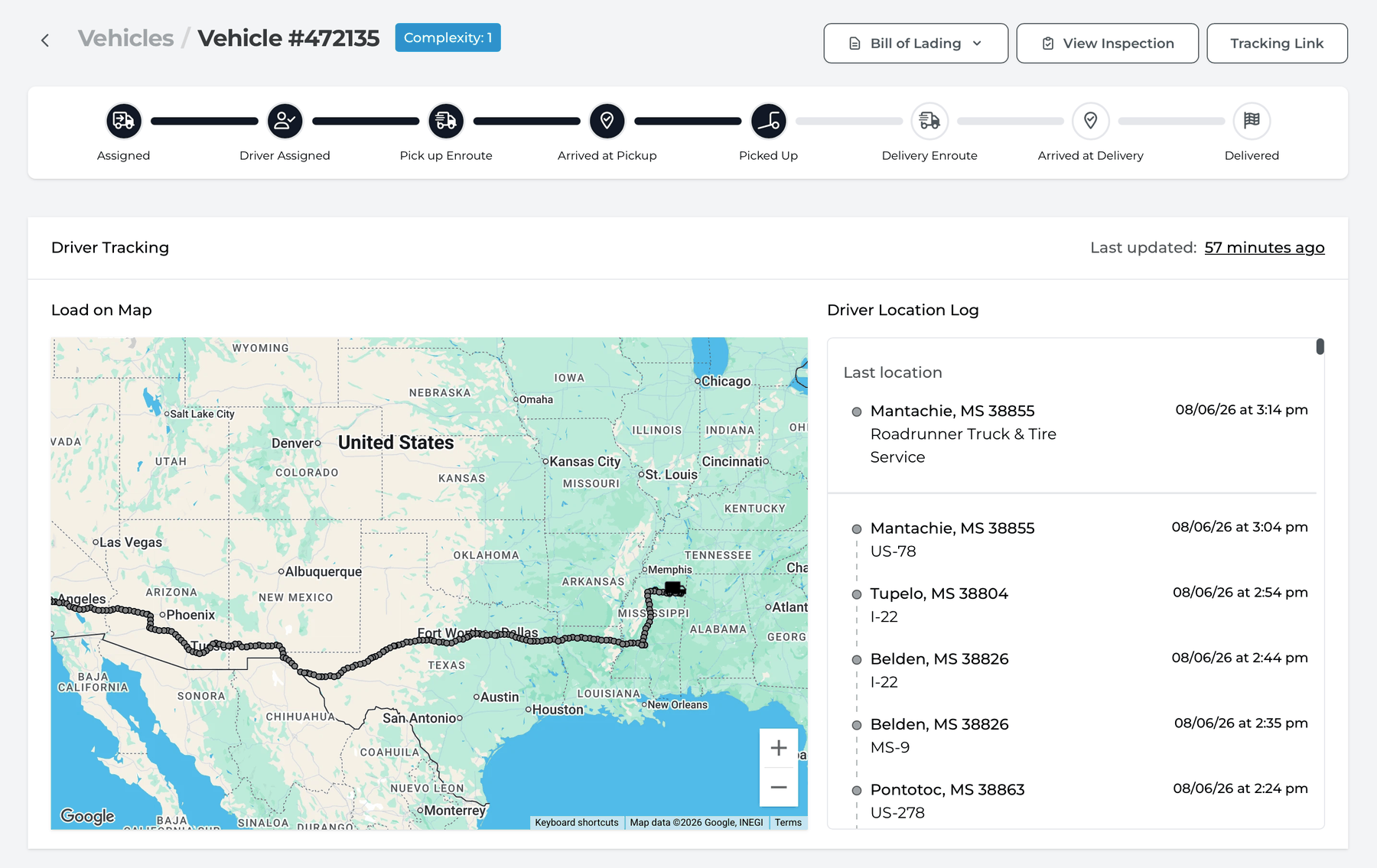 Customer portal — live shipment tracking with route map and driver location log