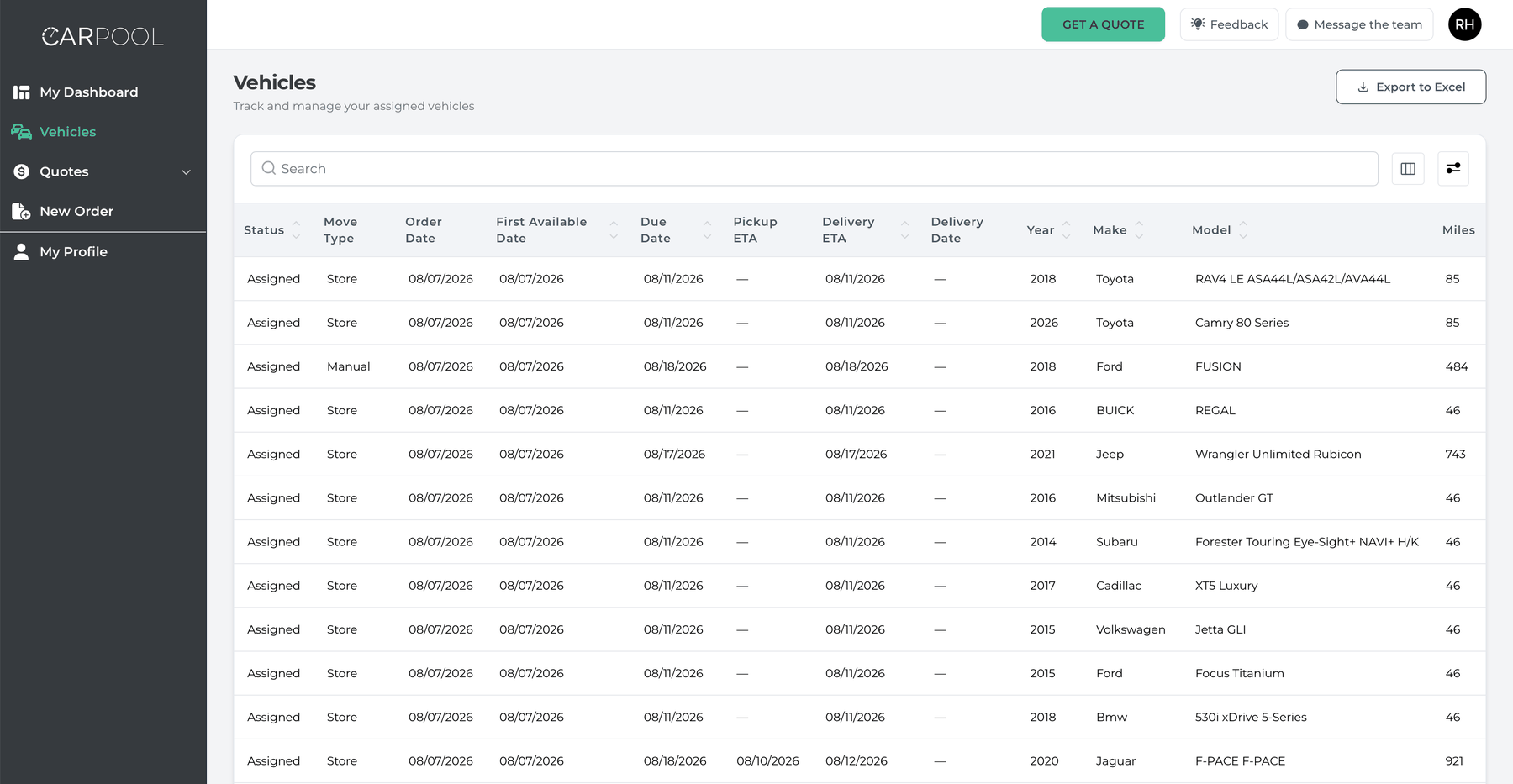 Customer portal — vehicles list with status, dates, and ETAs