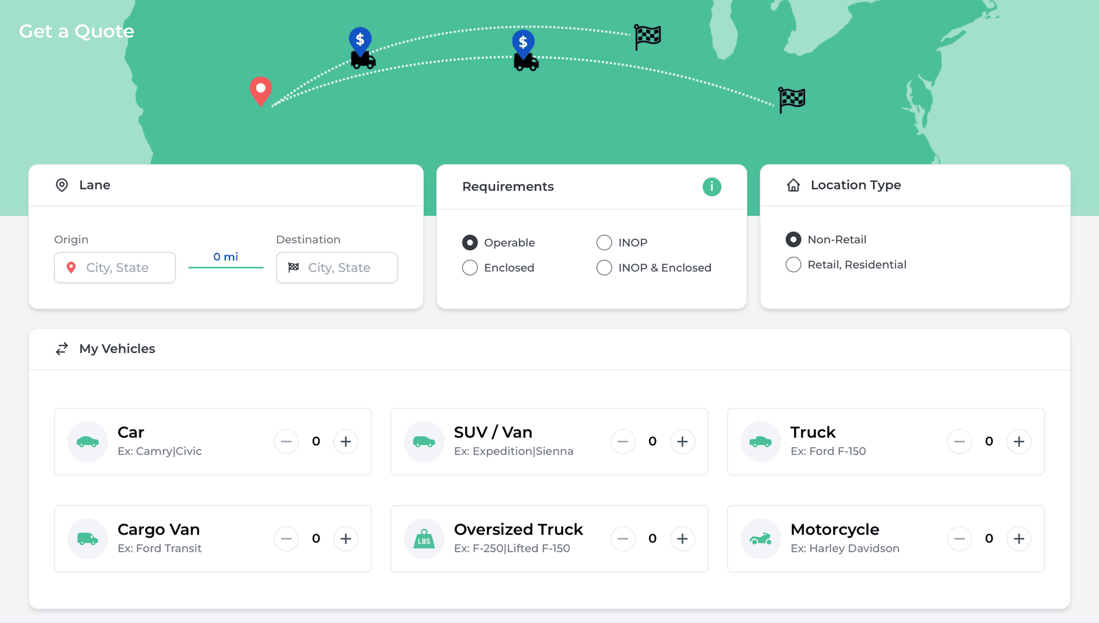 Carpool TMS — Get a Quote with lane, requirements, location type, and vehicle selection