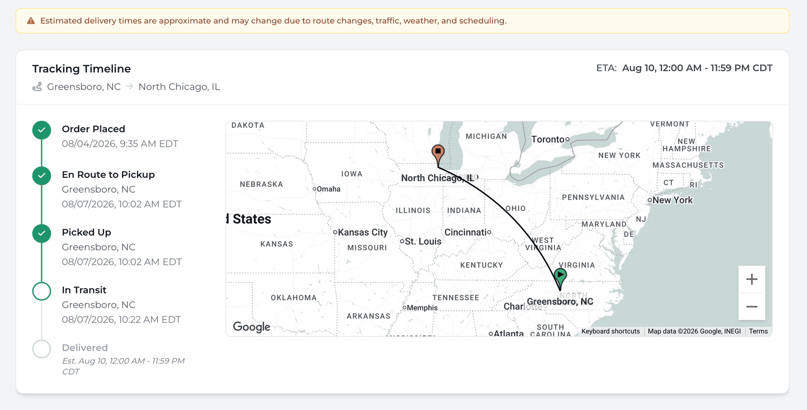 Vehicle tracking timeline — order placed through delivery, with live route map